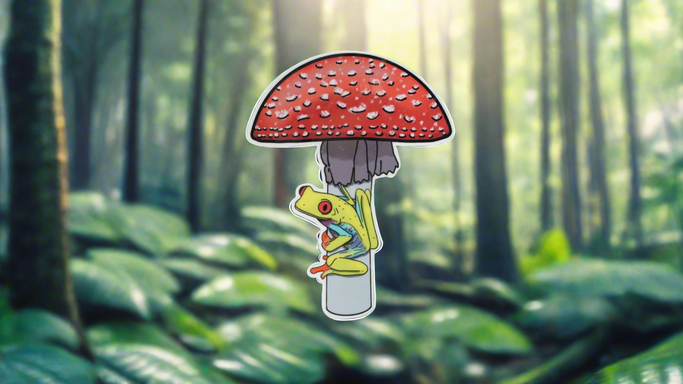 Red-Eyed Tree Frog on a Mushroom (Agalychnis callidryas on Amanita muscaria) - Fine Art Sticker - Various Sizes